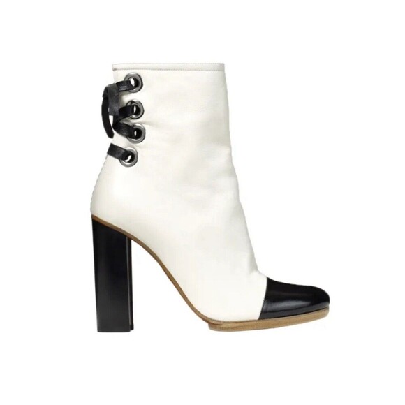 Proenza Schouler White Leather Ankle Boot 37 Cap Toe Heel Patent Tie Back Laced - Picture 1 of 14